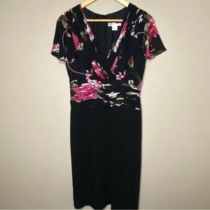 Peter Nygard Chiffon Top Dress Size 8 Black Pink Floral Ruched Waist New